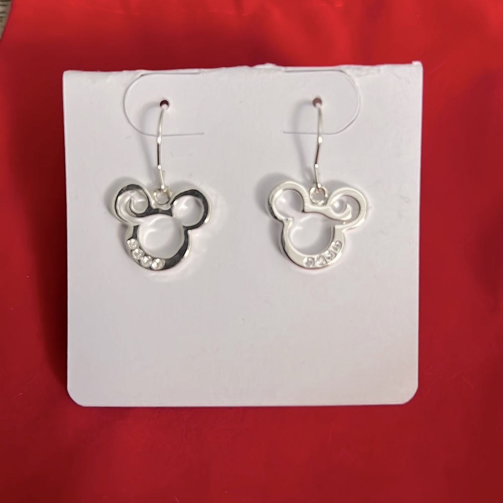 Beautiful Disney Mickey Mouse Silver Dangle Earrings with Clear Rhinestones